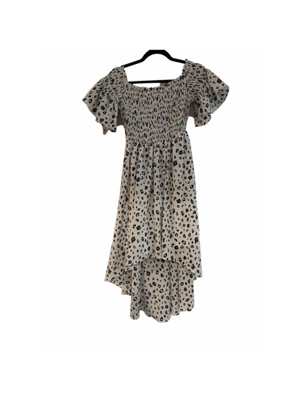 Ina Cheetah Print High-Low Dress - Green & Black - Smocked Waist - Size Medium -